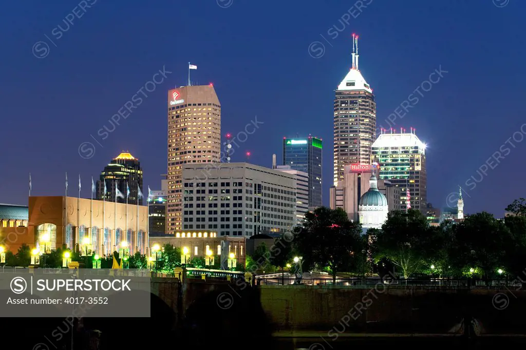Downtown Indianpolis, Indiana Skyline from across the White River at dusk