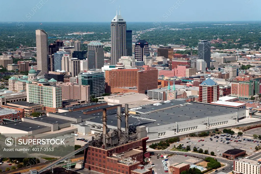 Aerial of Downtown Indianapolis, Indiana with the Indianapolis Convention enter in the Foreground