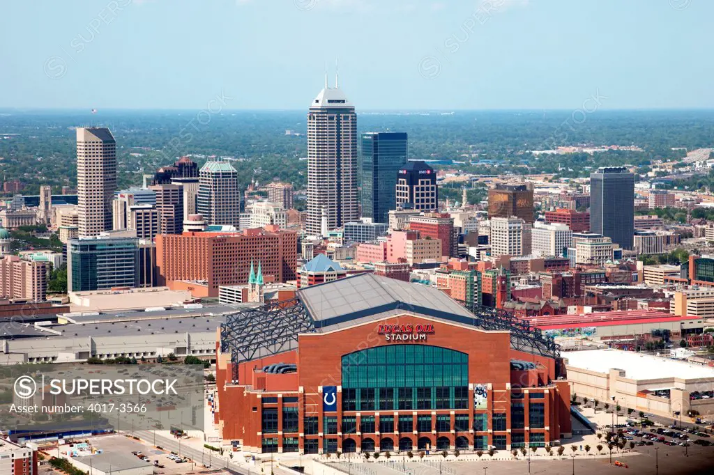 Aerial of Downtown Indianapolis, Indiana with Lucas Oil Stadium in the Foreground