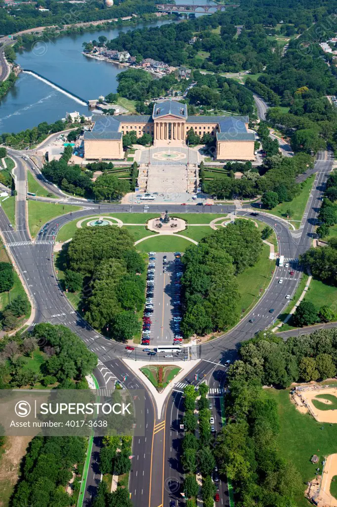 Aerial of The Philadelphia Museum of Art with Benjamin Franklin Parkway in the Foreground, Philadelphia, Pennsylvania