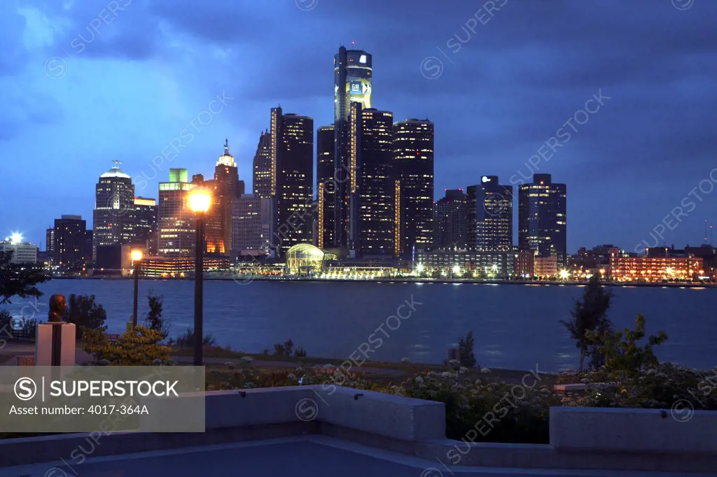 USA,   Michigan,   Detroit,   Skyline at night