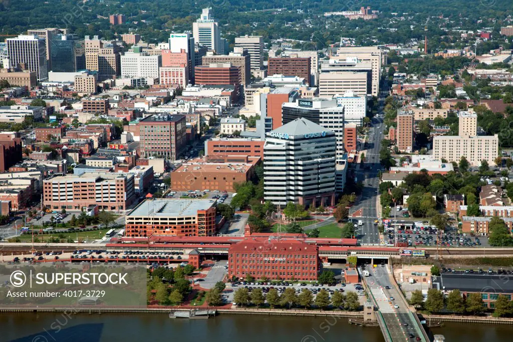 USA, Pennsylvania, Wilimington, Delaware, Aerial view of Downtown with Christina Riverfront in Foreground