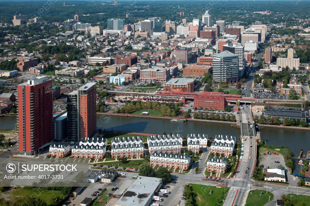 USA, Pennsylvania, Wilimington, Delaware, Aerial view of Downtown with Christina Riverfront in Foreground