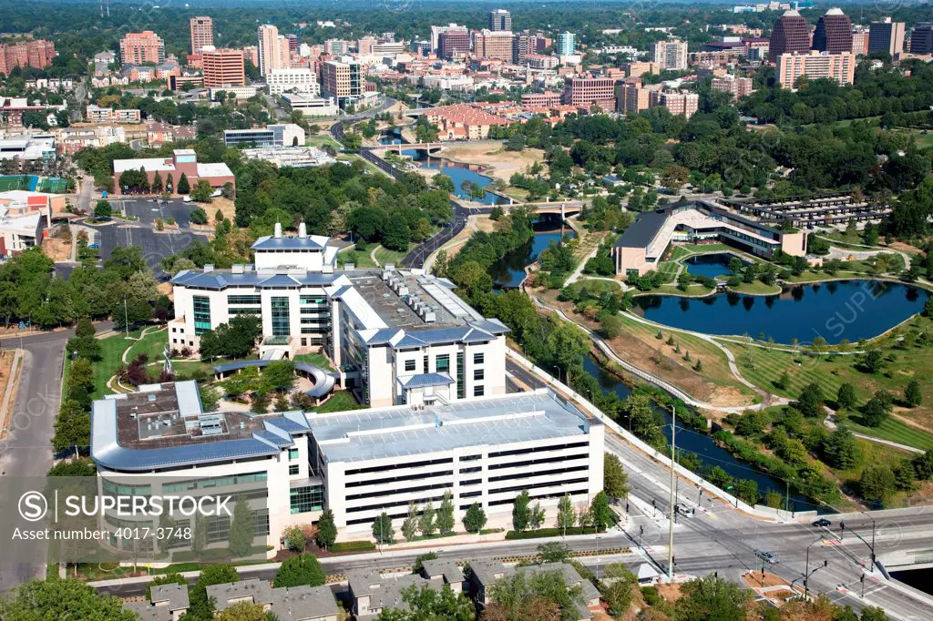 USA, Missouri, Kansas City, Aerial view of Stowers Institute for Medical Research campus along Brush Creek and with Plaza in distance