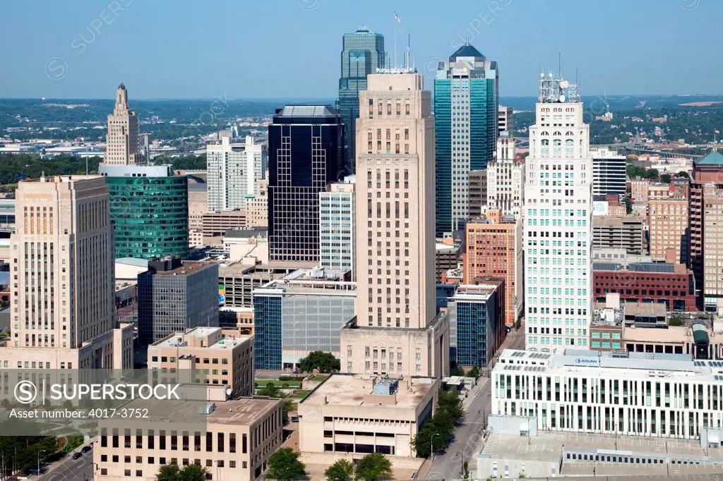 USA, Missouri, Kansas City, Aerial of part of Government District with City Hall