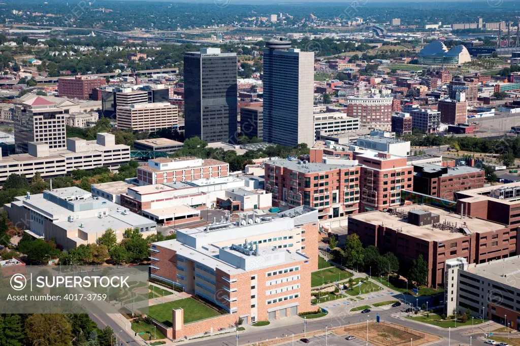 USA, Missouri, Kansas City, Aerial view of Hospital Hill which includes Children's Mercy, Truman Medical Center and University of Missouri