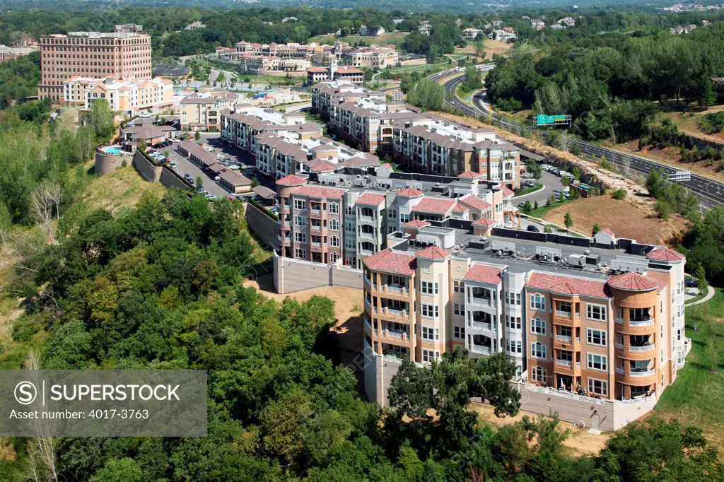 USA, Missouri, Kansas City, Aerial view of Briarcliff Village mixed use development in Northland area