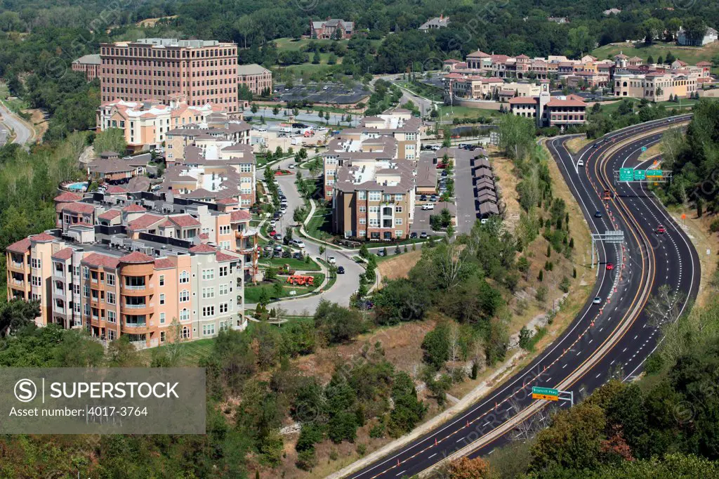 USA, Missouri, Kansas City, Aerial view of Briarcliff Village mixed use development in Northland area