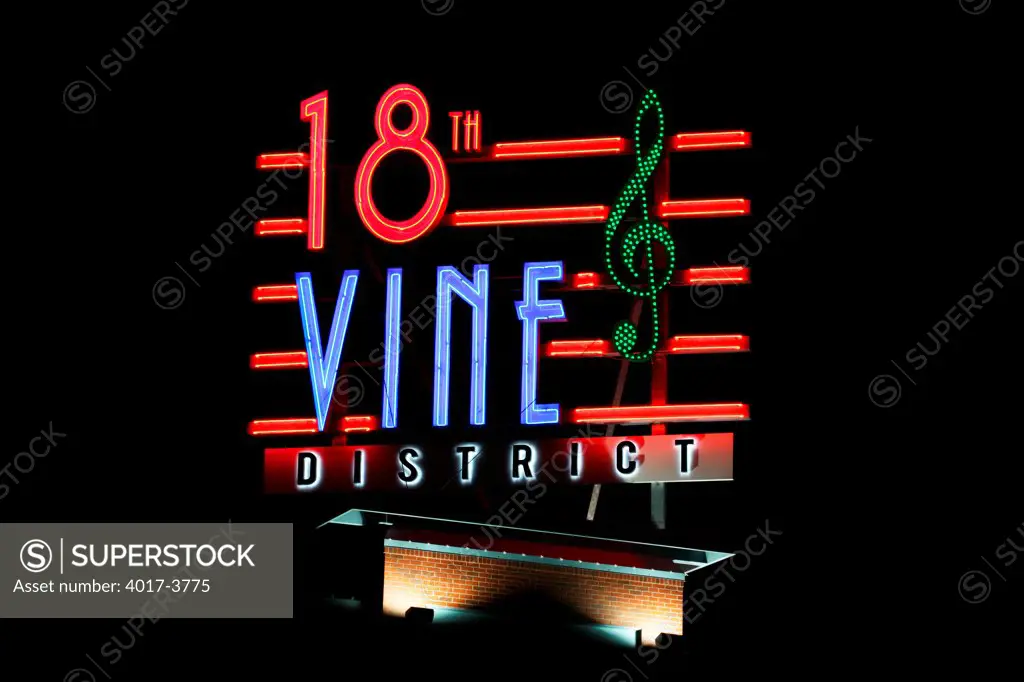 USA, Missouri, Kansas City, Giant neon lights 18th and Vine District sign
