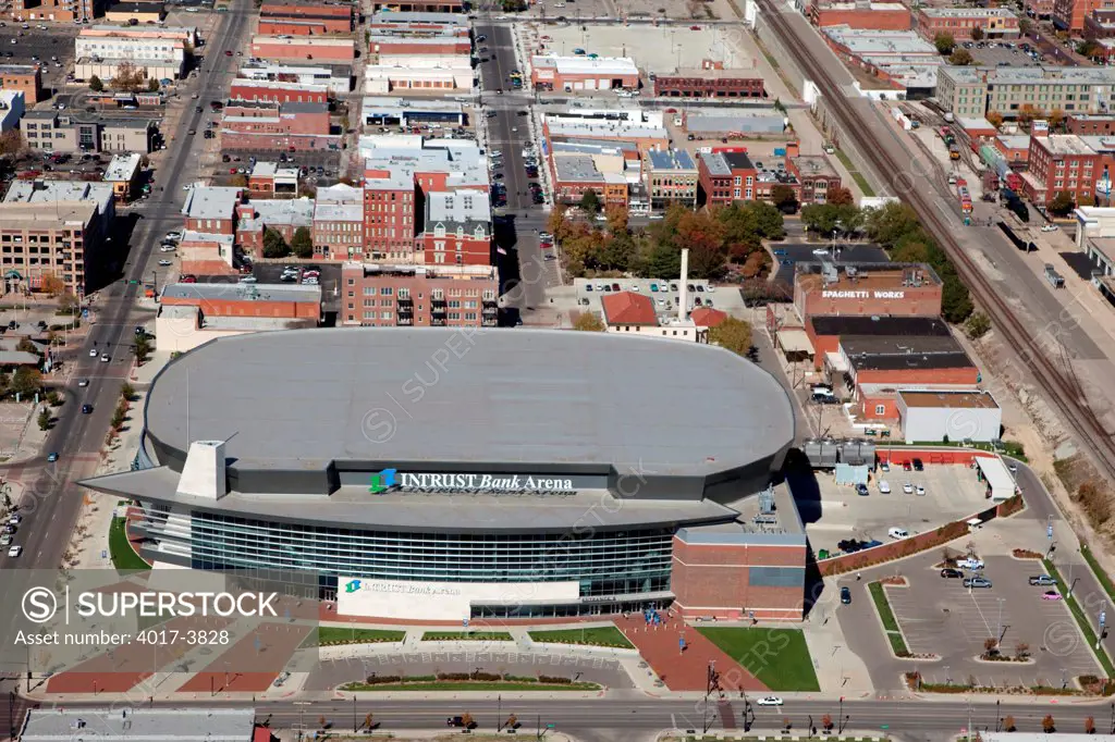 USA, Kansas, Wichita, Aerial of Intrust Bank Arena with Old Town behind it in Downtown