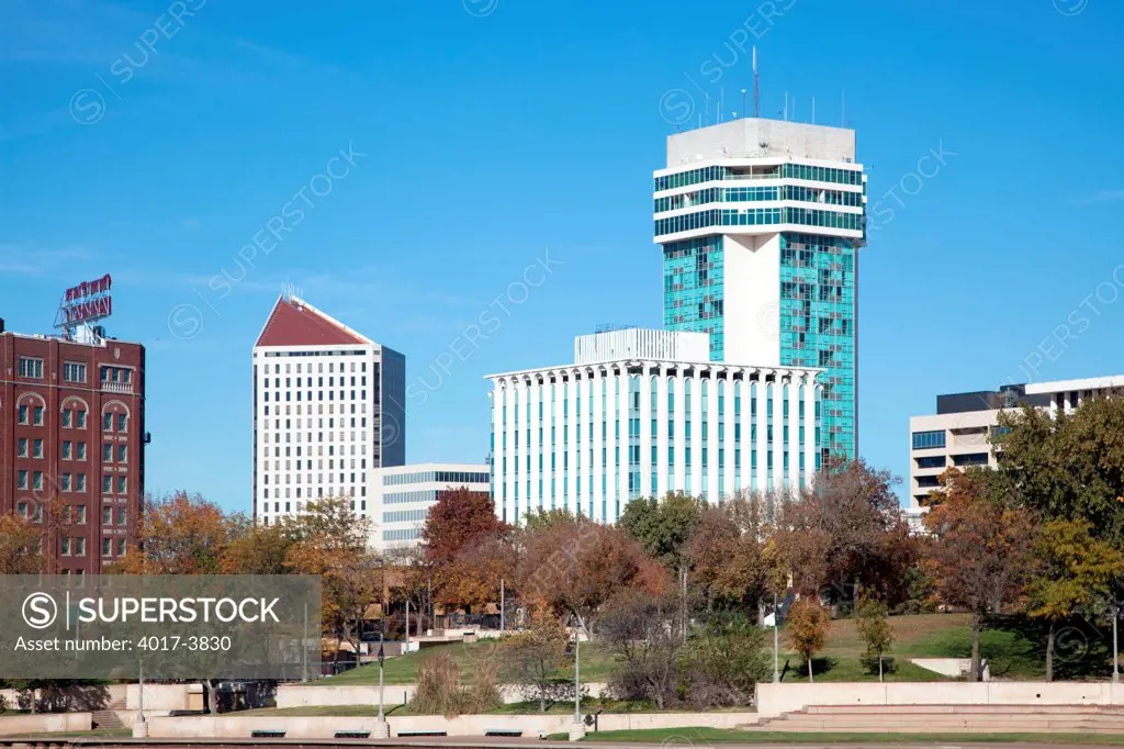 USA, Kansas, Wichita, Skyline along waterfront of Arkansas River