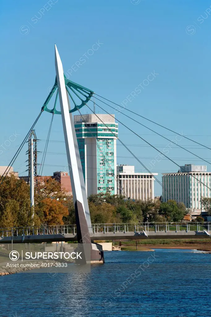 USA, Kansas, Wichita, Riverfront Pedestrian Bridge over Arkansas River