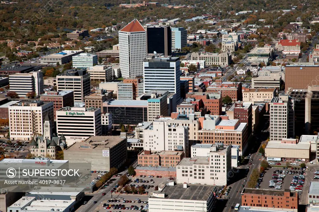 USA, Kansas, Wichita, Aerial view of downtown area