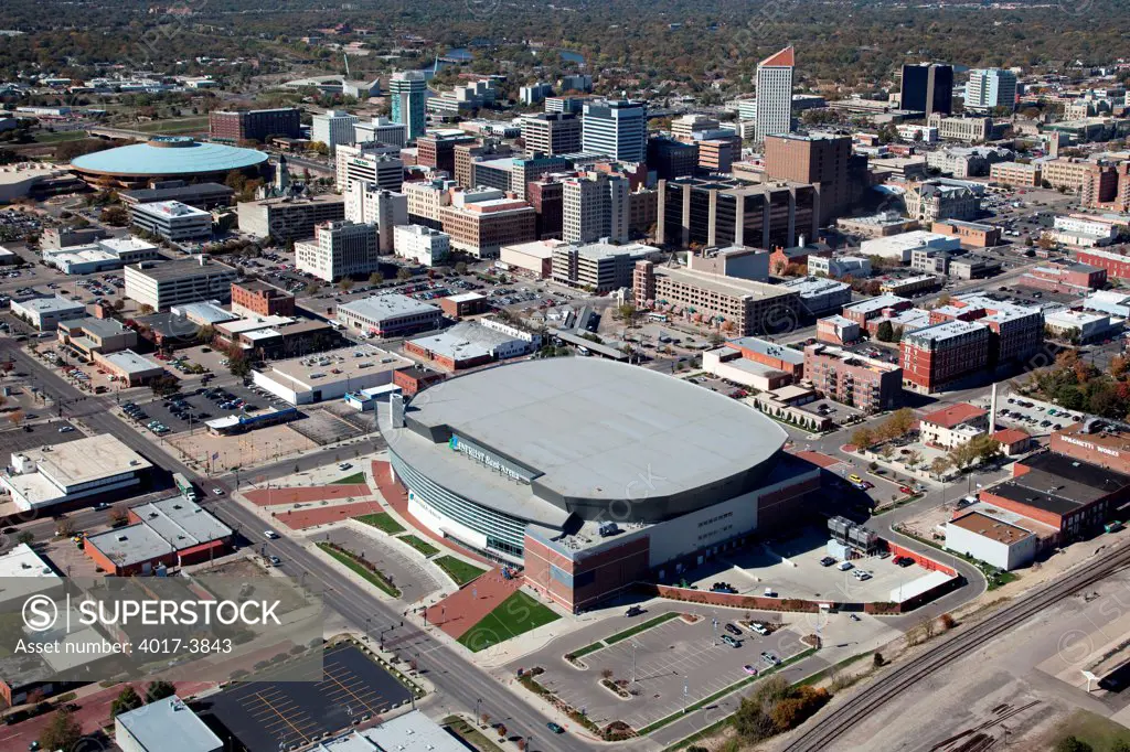 USA, Kansas, Wichita, Aerial of Intrust Bank Arena