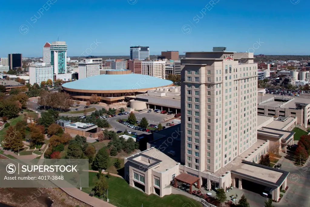 USA, Kansas, Wichita, Aerial view of Century II Convention Hall and hotel in Downtown