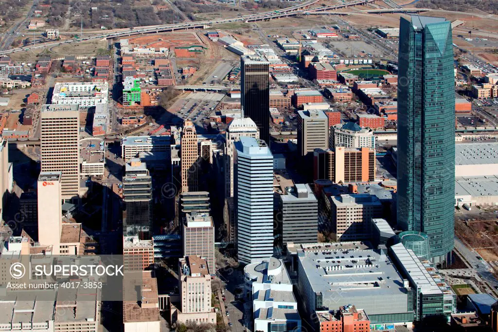 USA, Oklahoma, Oklahoma City, Aerial of Downtown Skyline with Bricktown and Deep Deuce