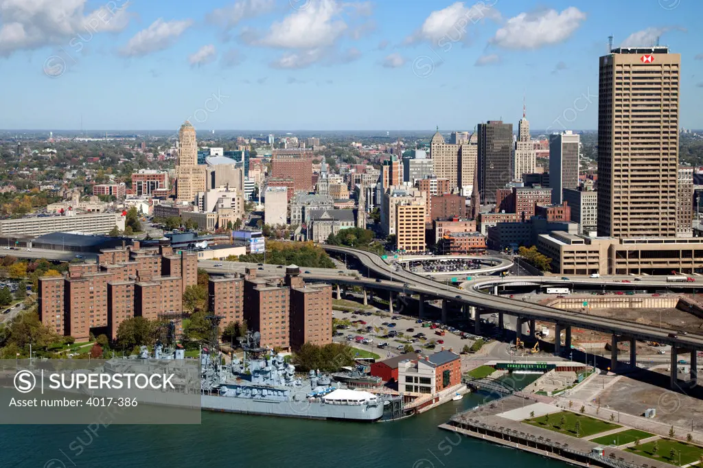 Aerial of Buffalo Skyline with Canal Harbor and USS Little Rock