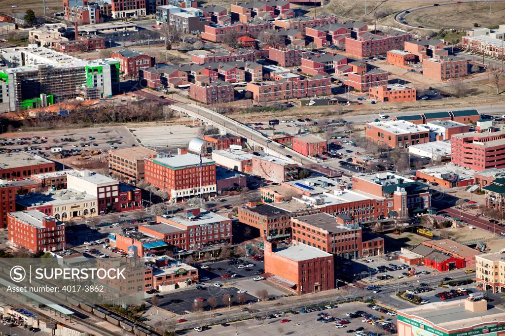 USA, Oklahoma, Oklahoma City, Above Bricktown entertainment area and Deep Deuce residential district in downtown