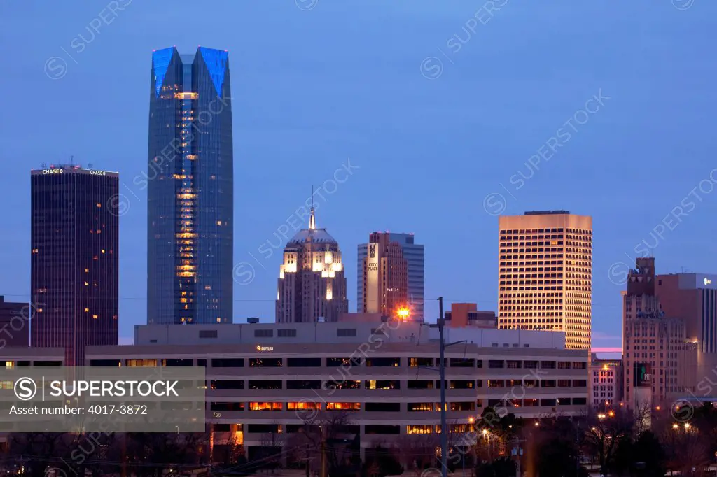USA, Oklahoma, Oklahoma City, Downtown City Skyline at Dusk