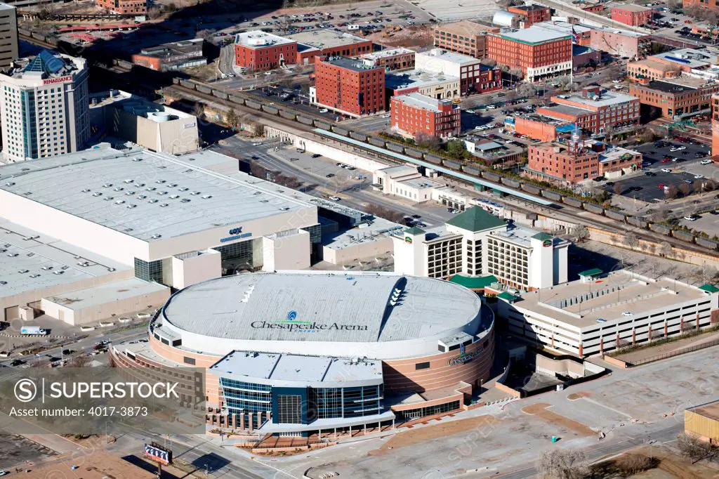 USA, Oklahoma, Oklahoma City, Aerial of Convention Center, Arena and Bricktown District in Downtown