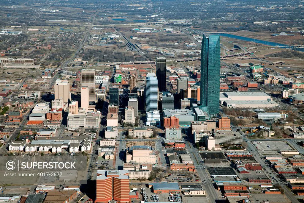 USA, Oklahoma, Oklahoma City, Aerial of Downtown City Skyline
