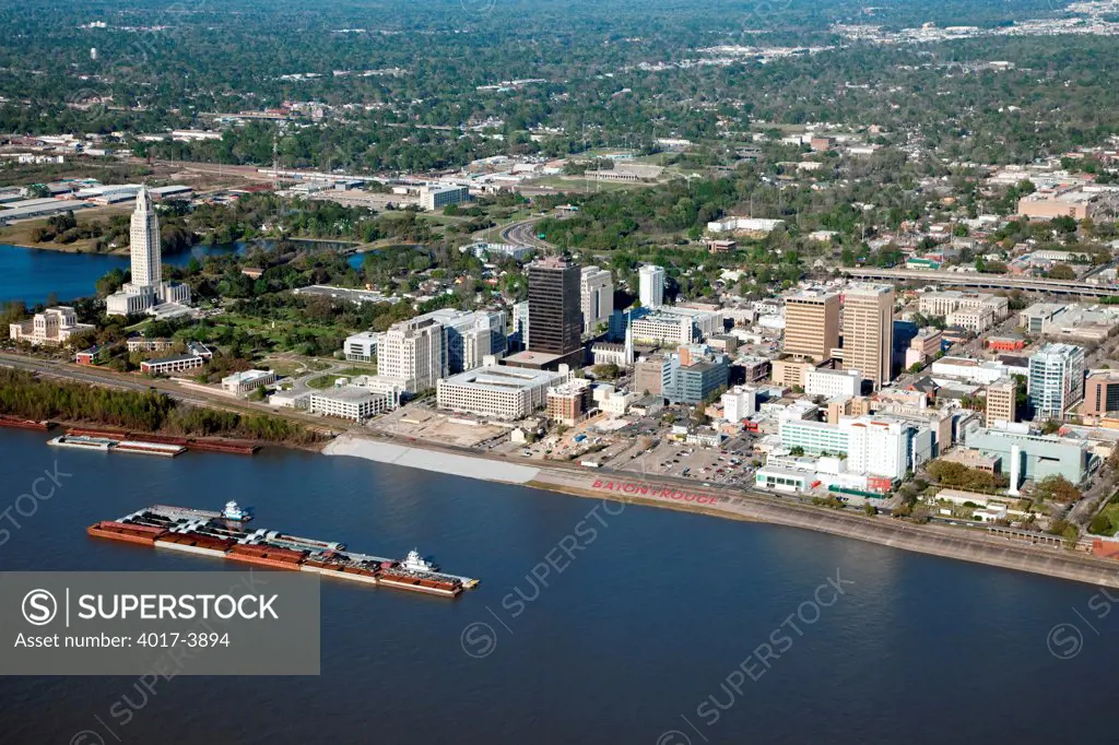 Aerial of Downtown Baton Rouge, Louisiana from over The Mississippi River
