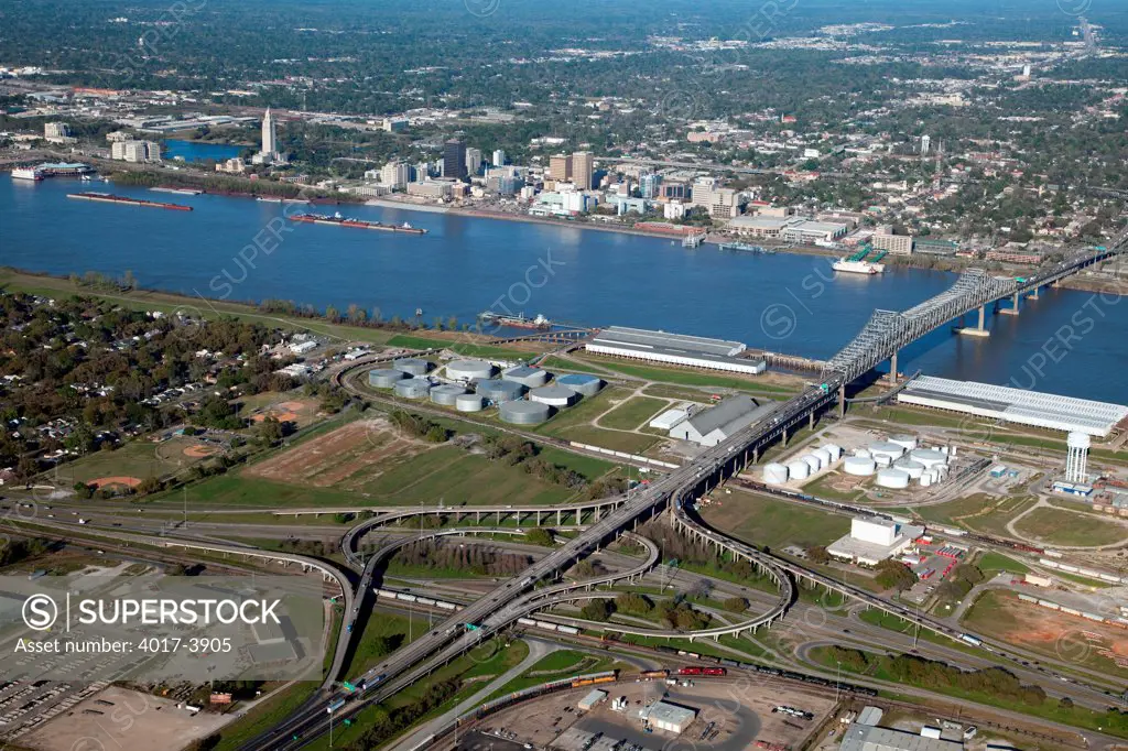 Aerial of Baton Rouge, Louisiana with an I-10 Interchange in the foreground