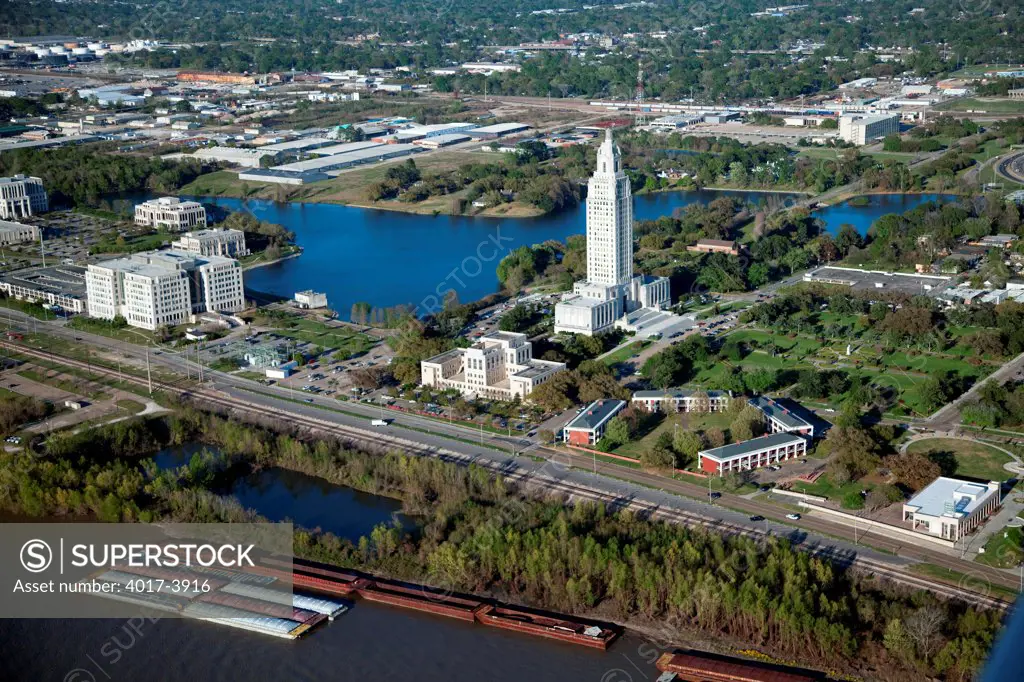 Aerial of The Louisiana State Capitol Building with Capitol Lake, Baton Rouge, Louisiana