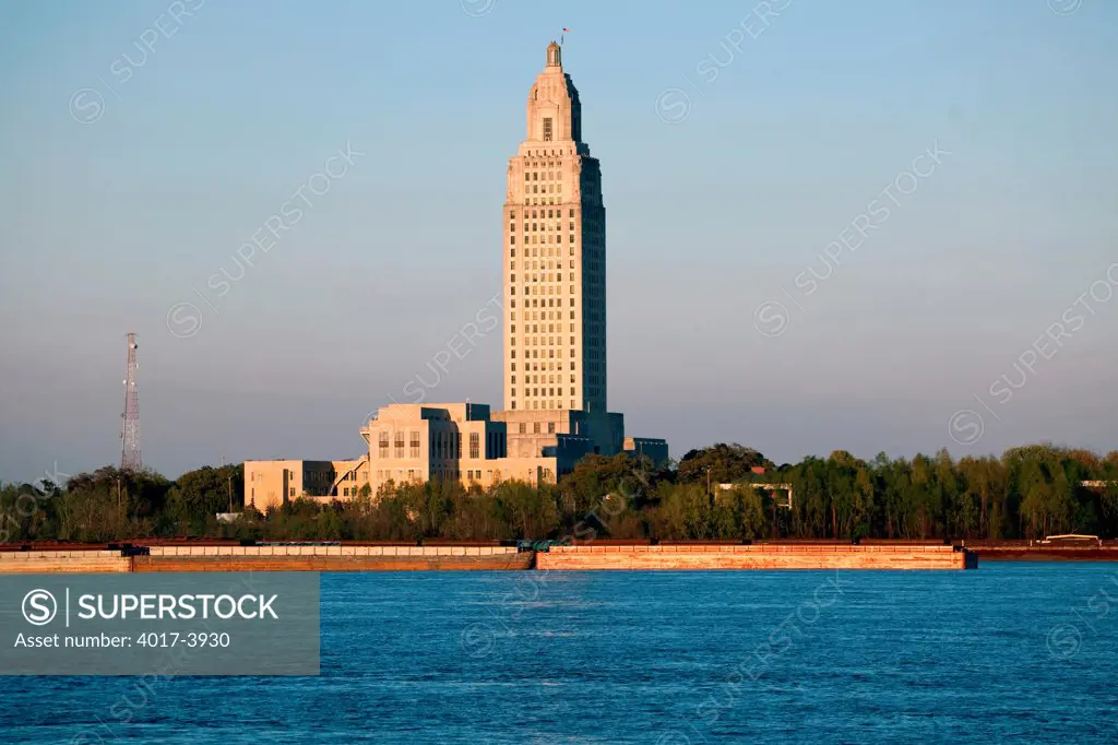 Louisiana State Capitol Building, Baton Rouge, Louisiana at sunset from The Mississippi River