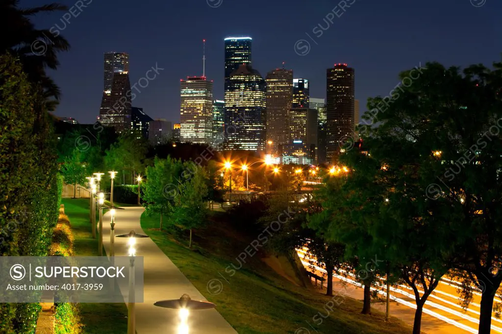 Downtown Houston skyline from pedestrian walkways along Memorial Drive