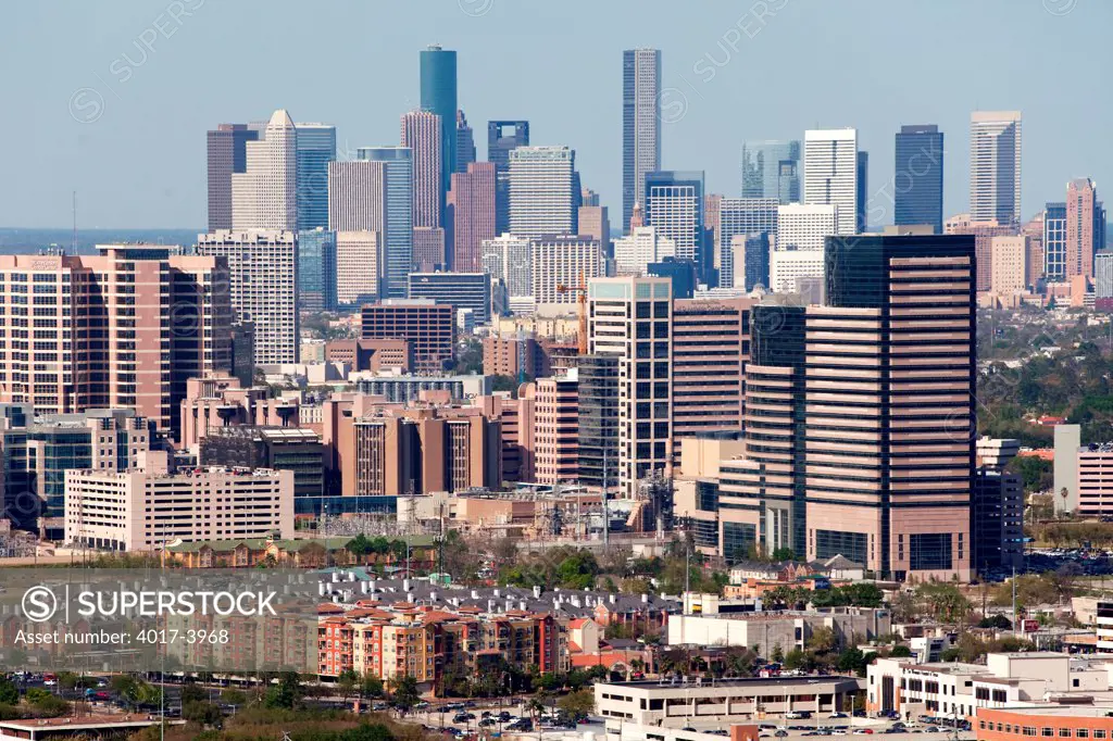 Aerial of the Texas Medical Center and Downtown Houston Skylines