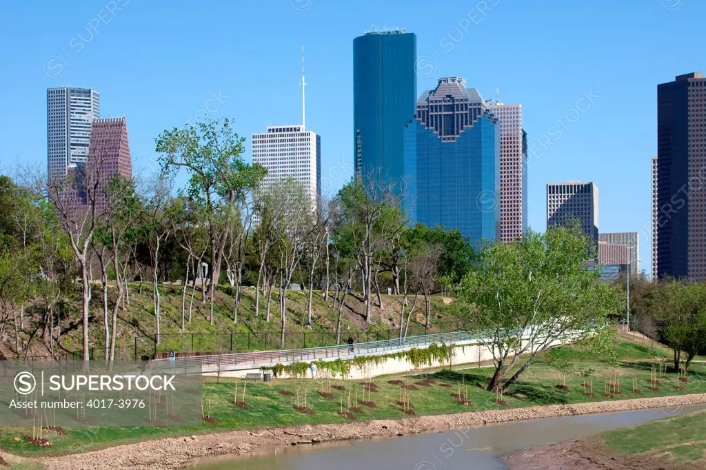 Waterfront biking and hiking trails along the Buffalo Bayou park greenway near downtown Houston