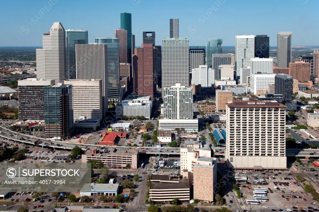 Above the Downtown Houston cityscape