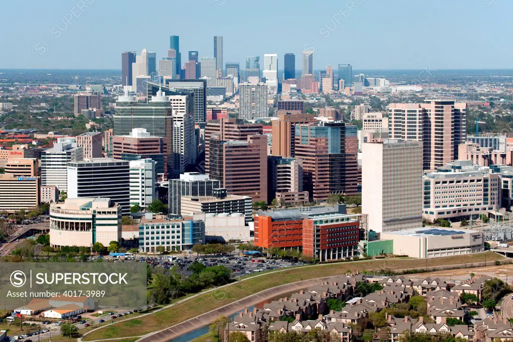 Aerial of both the Texas Medical Center and Downtown Houston Skylines