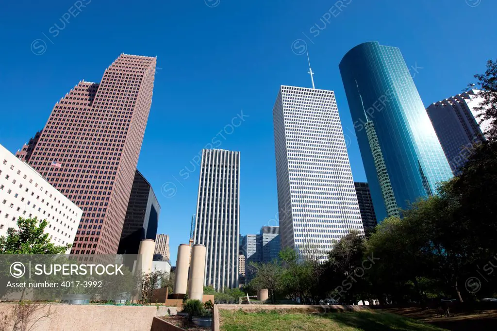 Looking up at Houston Skyscrapers from Tranquillity Park