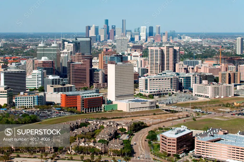 Aerial of both the Texas Medical Center and Downtown Houston Skylines