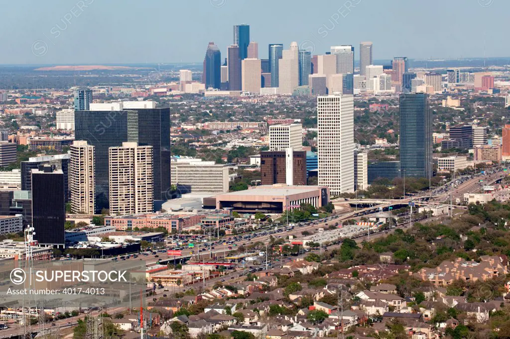 Aerial of Greenway Plaza with the Downtown Houston skyline distance