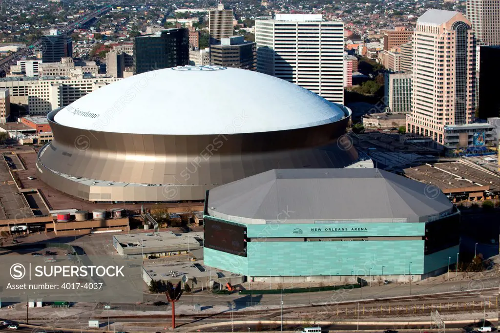 View of the Superdome and the New Orleans Arena from the air, New Orleans, Louisiana