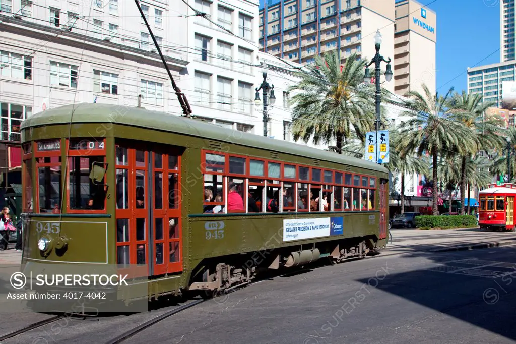Street Cars moving along the streets of New Orleans, Louisiana