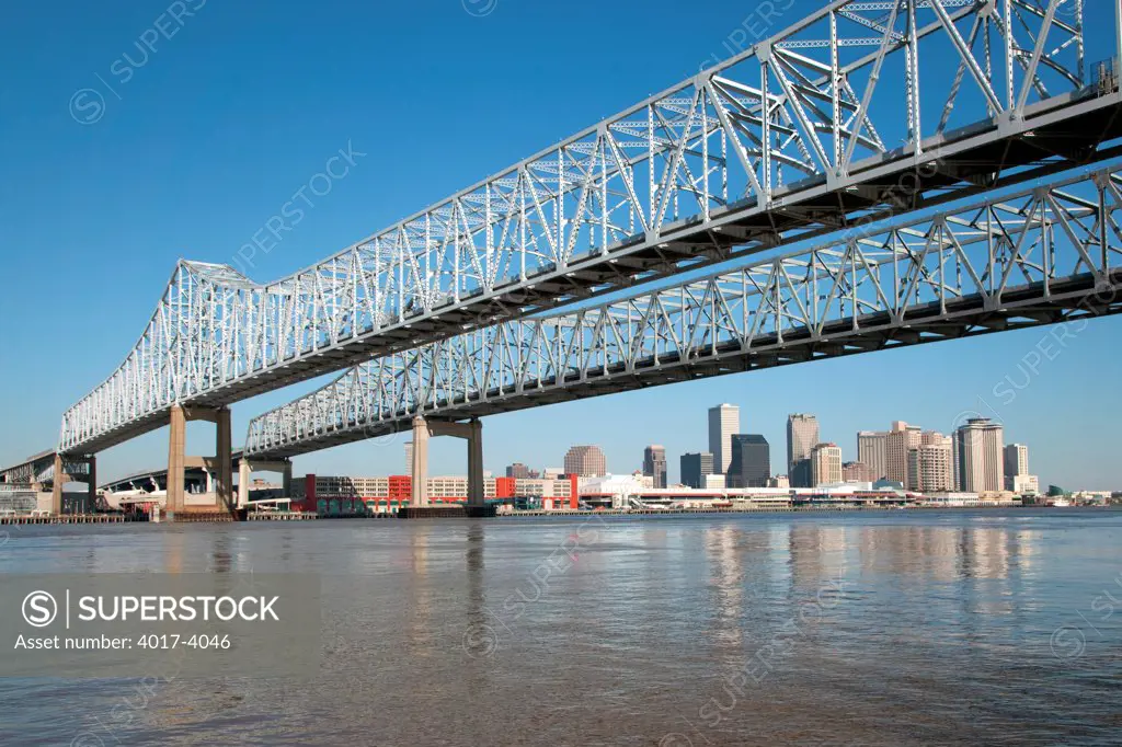 View of the Crescent City Connection from the levee along the Mississippi River in New Orleans, Louisiana