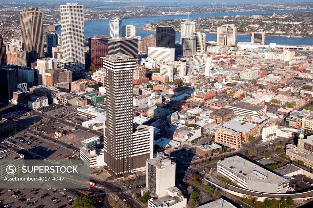 Aerial of the urban residential areas of downtown New Orleans, Louisiana