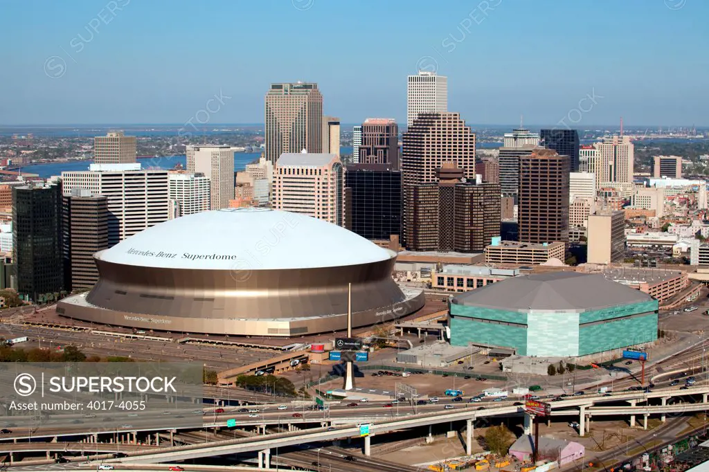 Aerial of the Superdome and New Orleans Arena
