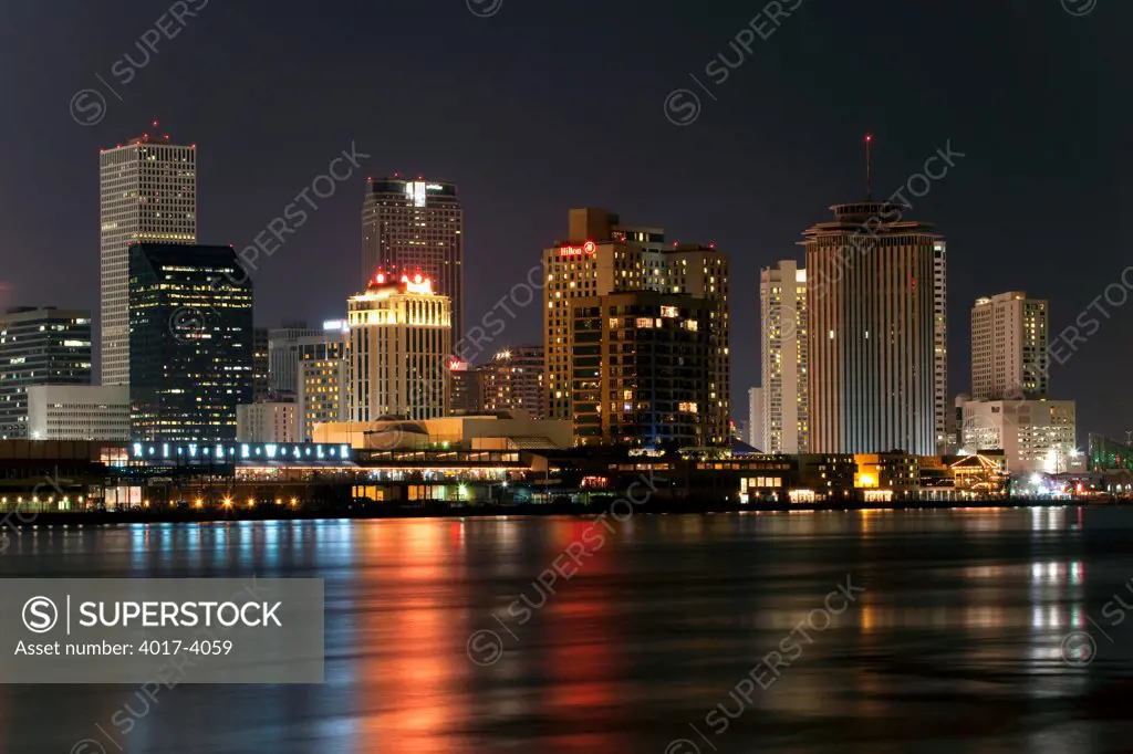 Skyline of New Orleans from the Mississippi River at night