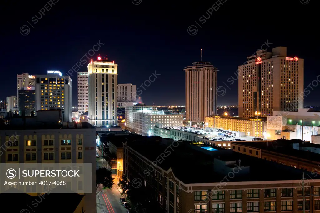 Convention Center Area of Downtown New Orleans, Louisiana at night