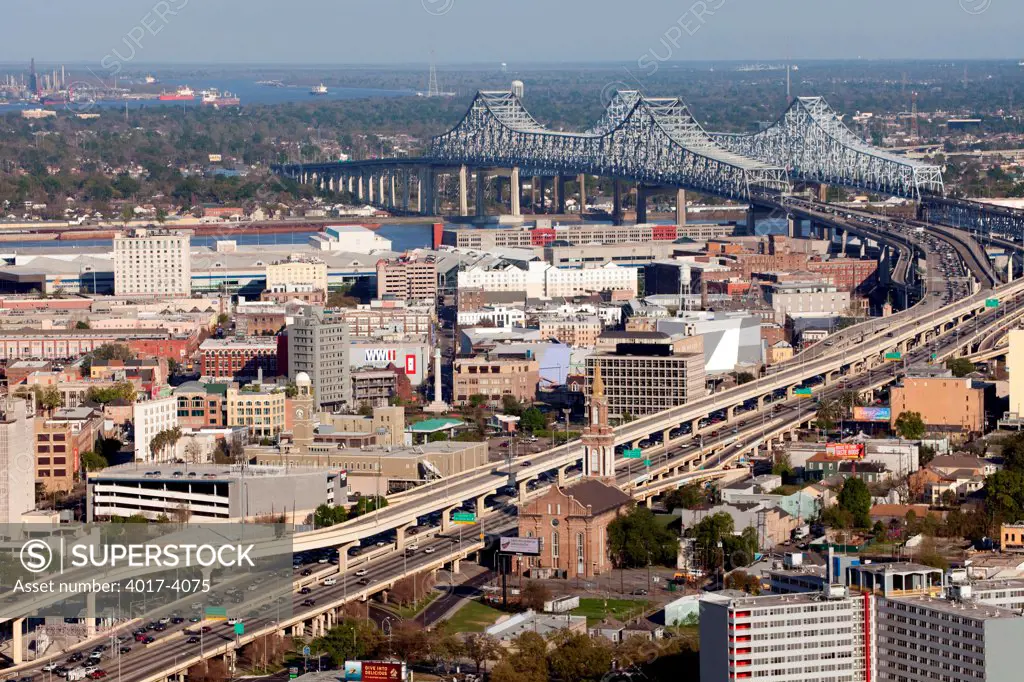 Aerial of Downtown New Orleans, Louisiana with the Crescent City Connection in the background