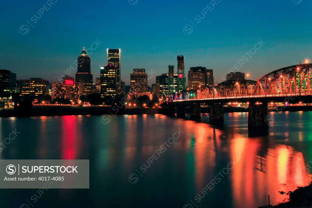 Hawthorne Birdge crossing the Willamette River at dusk in Downtown Portland in the Pacific NW