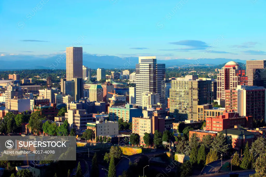 A view of the city skyline at sunset, Portland Oregon