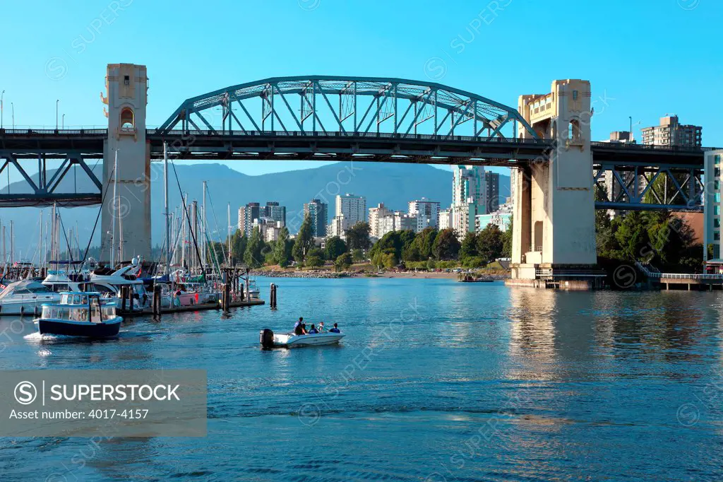 The Burrard bridge over the False Creek Inlet in downtown Vancouver, British Columbia, Canada