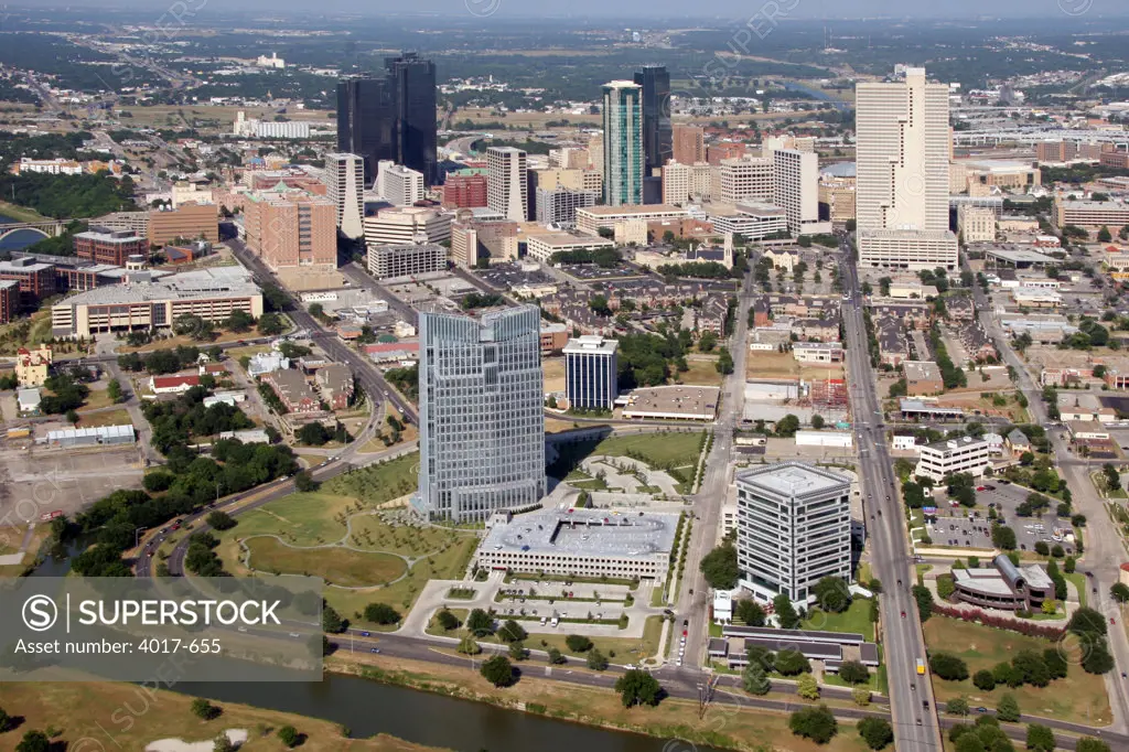 Aerial of Downtown Forth Worth along the Trinity River