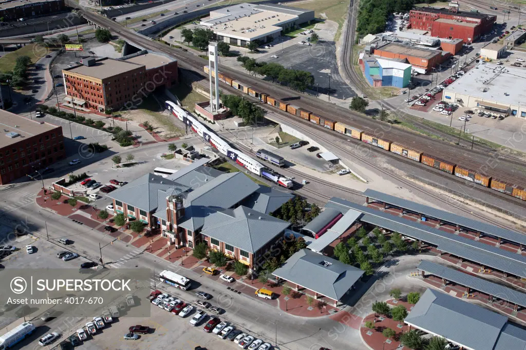Aerial of the Fort Worth Intermodal Transportation Center with a TRE train in Downtown Fort Worth